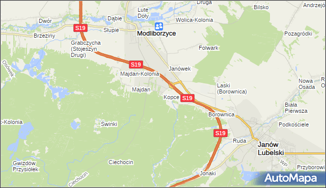 mapa Kopce gmina Janów Lubelski, Kopce gmina Janów Lubelski na mapie Targeo