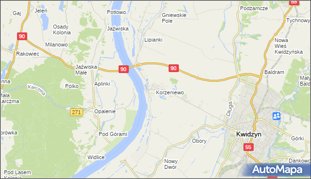 mapa Korzeniewo gmina Kwidzyn, Korzeniewo gmina Kwidzyn na mapie Targeo