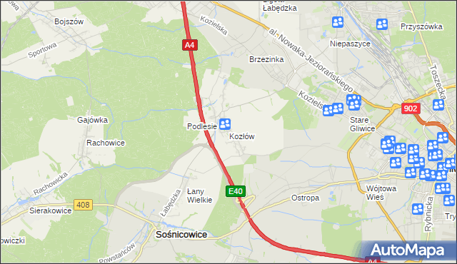 mapa Kozłów gmina Sośnicowice, Kozłów gmina Sośnicowice na mapie Targeo