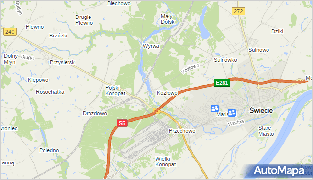 mapa Kozłowo gmina Świecie, Kozłowo gmina Świecie na mapie Targeo