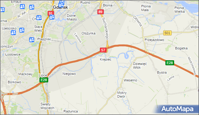 mapa Krępiec gmina Pruszcz Gdański, Krępiec gmina Pruszcz Gdański na mapie Targeo