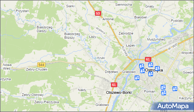 mapa Kruki gmina Olszewo-Borki, Kruki gmina Olszewo-Borki na mapie Targeo