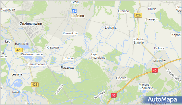 mapa Łąki Kozielskie, Łąki Kozielskie na mapie Targeo