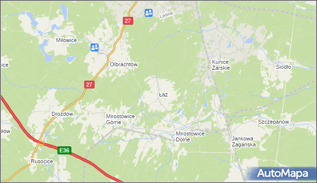 mapa Łaz gmina Żary, Łaz gmina Żary na mapie Targeo