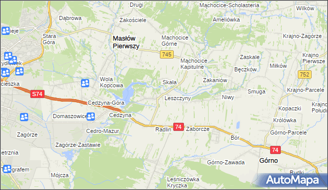 mapa Leszczyny gmina Górno, Leszczyny gmina Górno na mapie Targeo