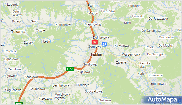 mapa Lubień powiat myślenicki, Lubień powiat myślenicki na mapie Targeo