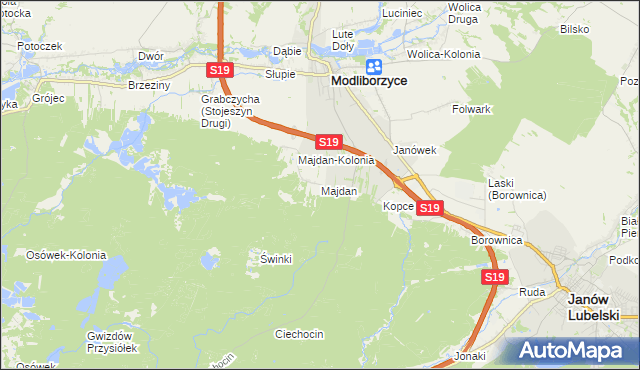 mapa Majdan gmina Modliborzyce, Majdan gmina Modliborzyce na mapie Targeo