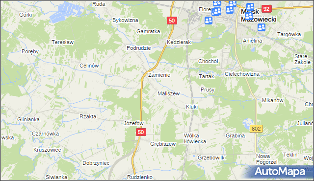 mapa Maliszew gmina Mińsk Mazowiecki, Maliszew gmina Mińsk Mazowiecki na mapie Targeo