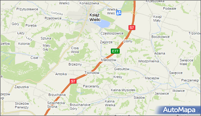 mapa Małoszów gmina Książ Wielki, Małoszów gmina Książ Wielki na mapie Targeo