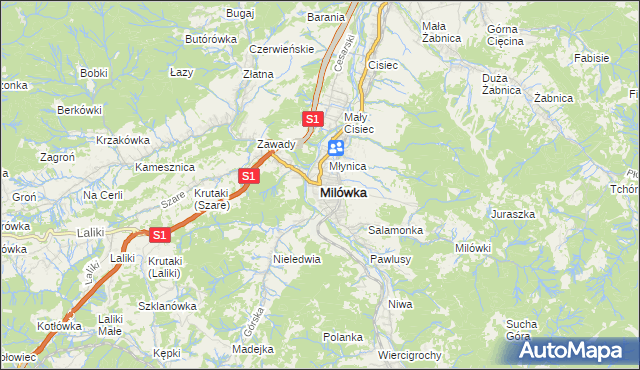 mapa Milówka powiat żywiecki, Milówka powiat żywiecki na mapie Targeo