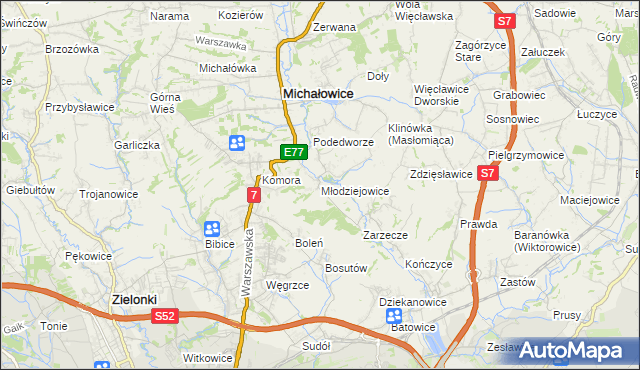 mapa Młodziejowice gmina Michałowice, Młodziejowice gmina Michałowice na mapie Targeo