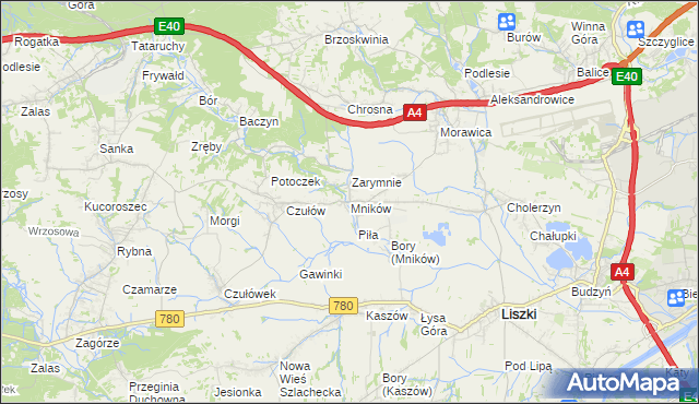 mapa Mników gmina Liszki, Mników gmina Liszki na mapie Targeo