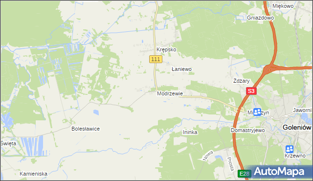 mapa Modrzewie gmina Goleniów, Modrzewie gmina Goleniów na mapie Targeo