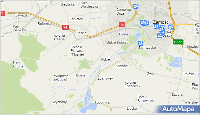 mapa Mokre gmina Zamość, Mokre gmina Zamość na mapie Targeo