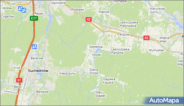 mapa Mostki gmina Suchedniów, Mostki gmina Suchedniów na mapie Targeo