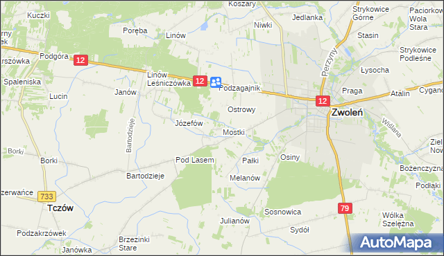 mapa Mostki gmina Zwoleń, Mostki gmina Zwoleń na mapie Targeo