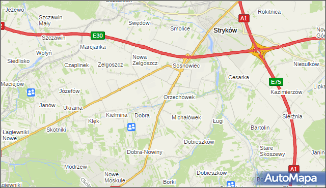 mapa Orzechówek gmina Stryków, Orzechówek gmina Stryków na mapie Targeo