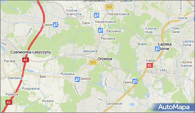 mapa Orzesze powiat mikołowski, Orzesze powiat mikołowski na mapie Targeo