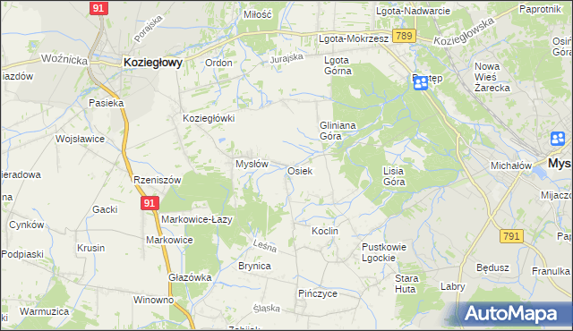 mapa Osiek gmina Koziegłowy, Osiek gmina Koziegłowy na mapie Targeo