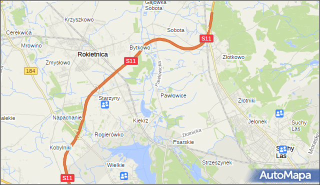 mapa Pawłowice gmina Rokietnica, Pawłowice gmina Rokietnica na mapie Targeo