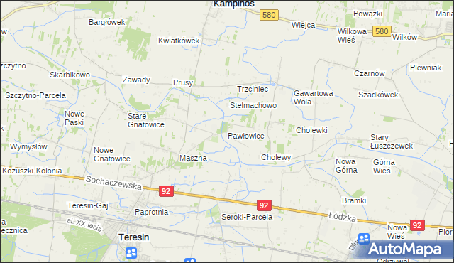 mapa Pawłowice gmina Teresin, Pawłowice gmina Teresin na mapie Targeo