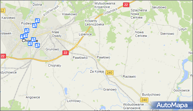 mapa Pawłowo gmina Chojnice, Pawłowo gmina Chojnice na mapie Targeo