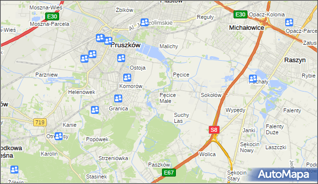 mapa Pęcice Małe, Pęcice Małe na mapie Targeo