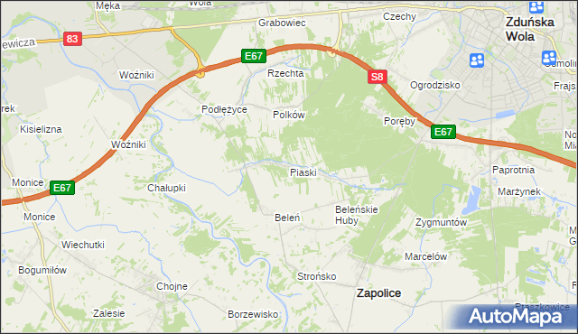 mapa Piaski gmina Zduńska Wola, Piaski gmina Zduńska Wola na mapie Targeo