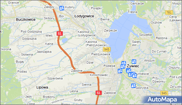 mapa Pietrzykowice gmina Łodygowice, Pietrzykowice gmina Łodygowice na mapie Targeo