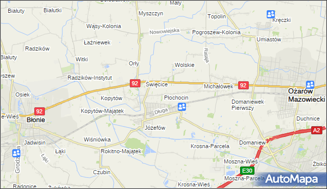 mapa Płochocin gmina Ożarów Mazowiecki, Płochocin gmina Ożarów Mazowiecki na mapie Targeo