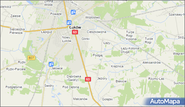 mapa Podgaj gmina Łuków, Podgaj gmina Łuków na mapie Targeo