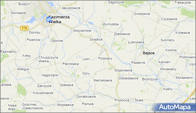 mapa Podolany gmina Kazimierza Wielka, Podolany gmina Kazimierza Wielka na mapie Targeo