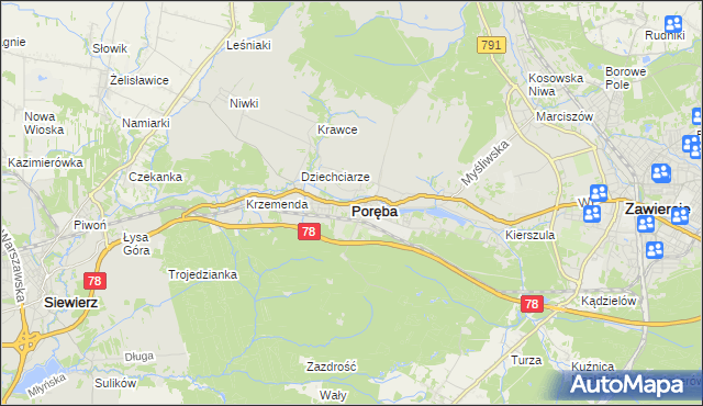 mapa Poręba powiat zawierciański, Poręba powiat zawierciański na mapie Targeo