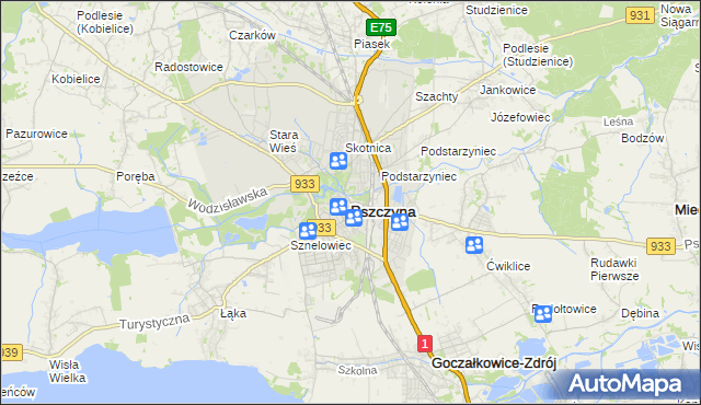 mapa Pszczyny, Pszczyna na mapie Targeo