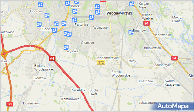 mapa Radomierzyce gmina Siechnice, Radomierzyce gmina Siechnice na mapie Targeo