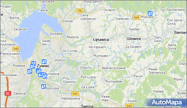 mapa Rychwałd gmina Gilowice, Rychwałd gmina Gilowice na mapie Targeo