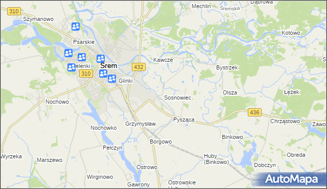 mapa Sosnowiec gmina Śrem, Sosnowiec gmina Śrem na mapie Targeo