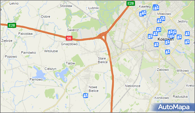 mapa Stare Bielice gmina Biesiekierz, Stare Bielice gmina Biesiekierz na mapie Targeo