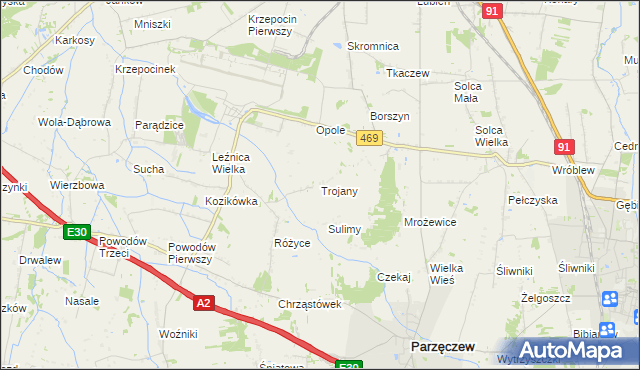 mapa Trojany gmina Parzęczew, Trojany gmina Parzęczew na mapie Targeo