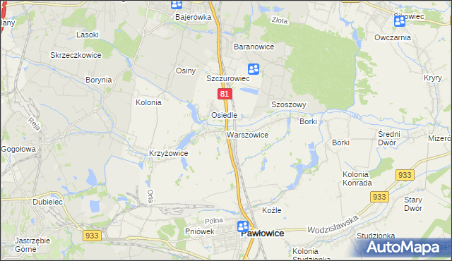 mapa Warszowice, Warszowice na mapie Targeo