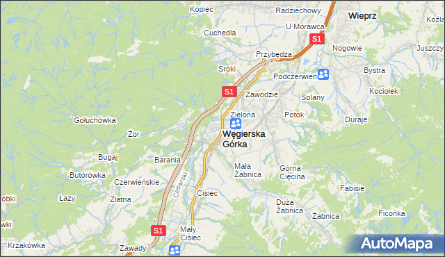 mapa Węgierska Górka, Węgierska Górka na mapie Targeo