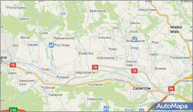 mapa Więckowice gmina Zabierzów, Więckowice gmina Zabierzów na mapie Targeo