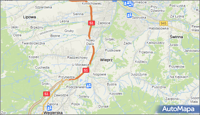 mapa Wieprz gmina Radziechowy-Wieprz, Wieprz gmina Radziechowy-Wieprz na mapie Targeo