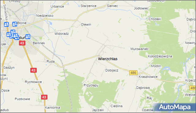 mapa Wierzchlas powiat wieluński, Wierzchlas powiat wieluński na mapie Targeo