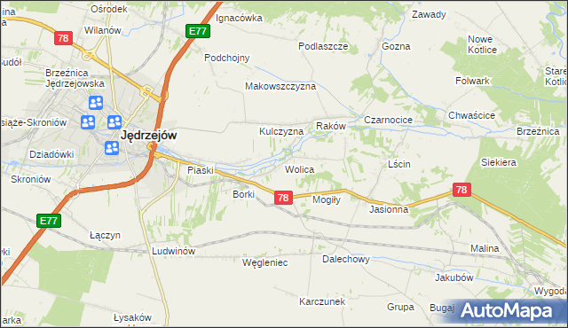 mapa Wolica gmina Jędrzejów, Wolica gmina Jędrzejów na mapie Targeo