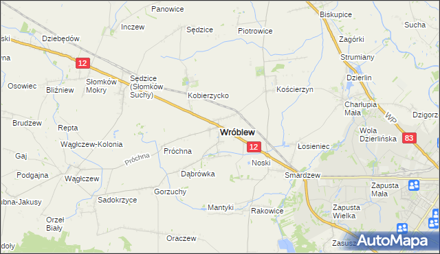 mapa Wróblew powiat sieradzki, Wróblew powiat sieradzki na mapie Targeo