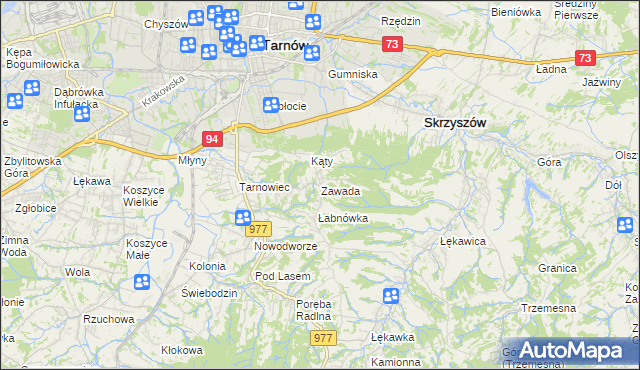 mapa Zawada gmina Tarnów, Zawada gmina Tarnów na mapie Targeo