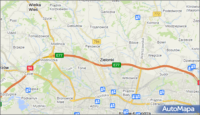 mapa Zielonki powiat krakowski, Zielonki powiat krakowski na mapie Targeo
