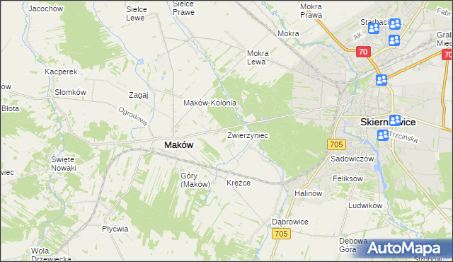 mapa Zwierzyniec gmina Maków, Zwierzyniec gmina Maków na mapie Targeo