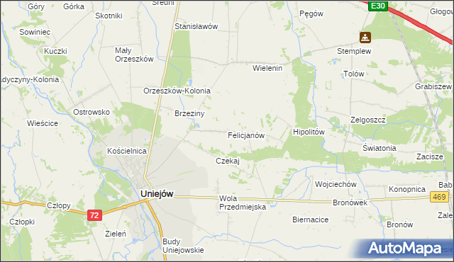 mapa Felicjanów gmina Uniejów, Felicjanów gmina Uniejów na mapie Targeo